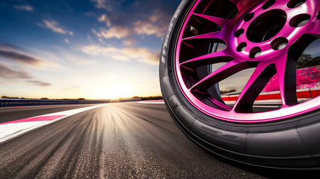 3d rendering of a car wheel in the sea with a sunset background. Illustration Close up macro wheel Sport Car on race track driftingの素材