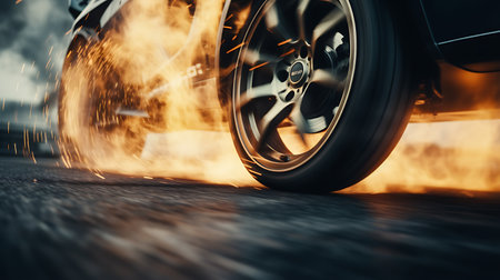 3d rendering of a car wheel in the sea with a sunset background. Illustration Close up macro wheel Sport Car on race track driftingの素材