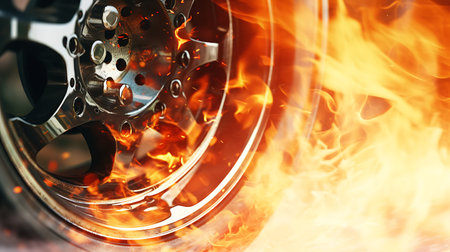 3d rendering of a car wheel in the sea with a sunset background. Illustration Close up macro wheel Sport Car on race track driftingの素材