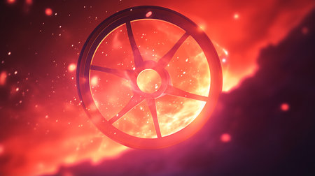 3d rendering of a car wheel in the sea with a sunset background. Illustration Close up macro wheel Sport Car on race track driftingの素材