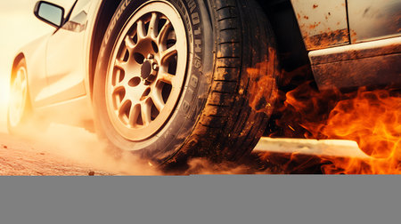 3d rendering of a car wheel in the sea with a sunset background. Illustration Close up macro wheel Sport Car on race track driftingの素材