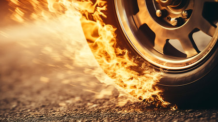 3d rendering of a car wheel in the sea with a sunset background. Illustration Close up macro wheel Sport Car on race track driftingの素材