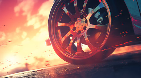 3d rendering of a car wheel in the sea with a sunset background. Illustration Close up macro wheel Sport Car on race track driftingの素材