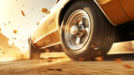 3d rendering of a car wheel in the sea with a sunset background. Illustration Close up macro wheel Sport Car on race track driftingの素材