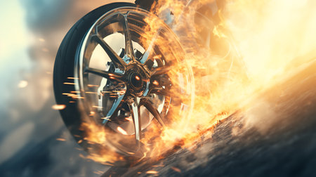 3d rendering of a car wheel in the sea with a sunset background. Illustration Close up macro wheel Sport Car on race track driftingの素材
