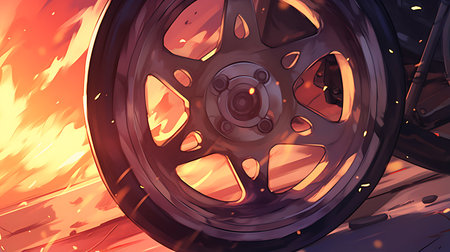 3d rendering of a car wheel in the sea with a sunset background. Illustration Close up macro wheel Sport Car on race track driftingの素材