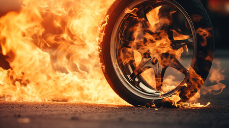 3d rendering of a car wheel in the sea with a sunset background. Illustration Close up macro wheel Sport Car on race track driftingの素材