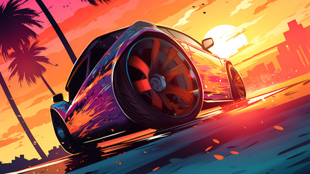 3d rendering of a car wheel in the sea with a sunset background. Illustration Close up macro wheel Sport Car on race track driftingの素材