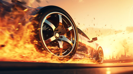 3d rendering of a car wheel in the sea with a sunset background. Illustration Close up macro wheel Sport Car on race track driftingの素材