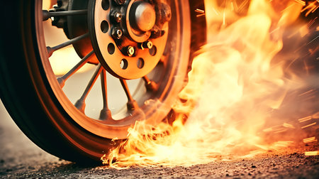 3d rendering of a car wheel in the sea with a sunset background. Illustration Close up macro wheel Sport Car on race track driftingの素材