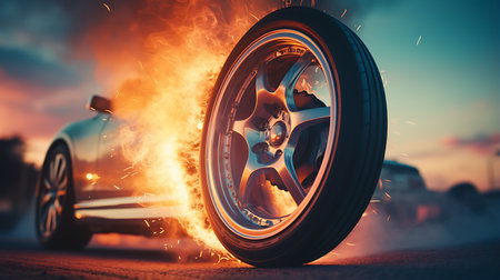 3d rendering of a car wheel in the sea with a sunset background. Illustration Close up macro wheel Sport Car on race track driftingの素材