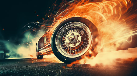Sports car on the road at sunset. 3d render illustration. Illustration Close up macro wheel Sport Car on race track driftingの素材