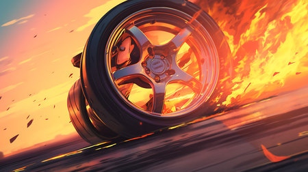 Sports car on the road at sunset. 3d render illustration. Illustration Close up macro wheel Sport Car on race track driftingの素材
