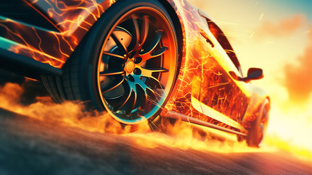 Sports car on the road at sunset. 3d render illustration. Illustration Close up macro wheel Sport Car on race track driftingの素材