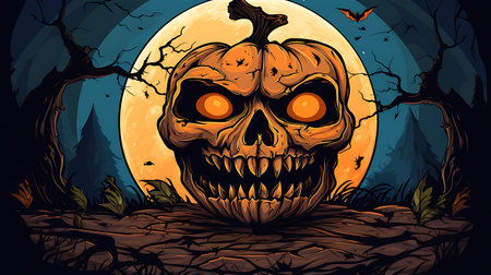 Halloween background with haunted house and pumpkins in the forest illustrationの素材