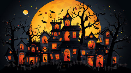 Halloween background with haunted house and pumpkins in the forest illustrationの素材