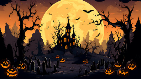 Halloween background with haunted house and pumpkins in the forest illustrationの素材