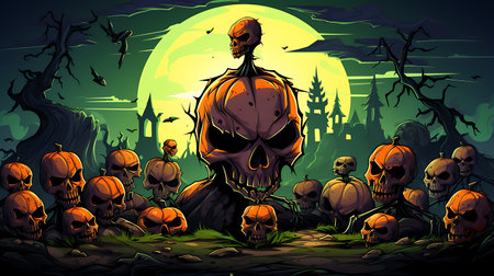 Halloween background with haunted house and pumpkins in the forest illustrationの素材