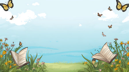 Beautiful spring teacher frame background with daffodils and butterflies.の素材