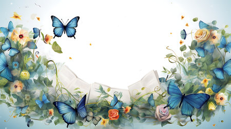 Beautiful spring teacher frame background with daffodils and butterflies.の素材