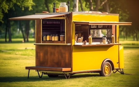 Food truck in the park. Food truck in the park. Street food concept.の素材