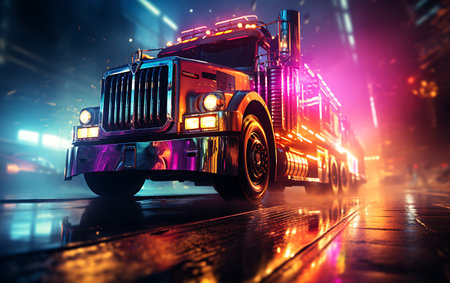Silhouette of a fire truck on the road at night. 3d renderingの素材