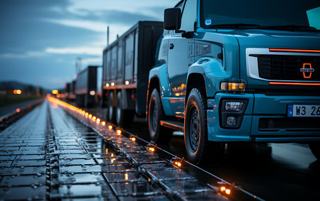 truck on the road at night with reflection on the wet asphaltの素材