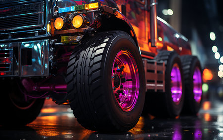 Neon Truck transportation industry road concept at sunrise.の素材