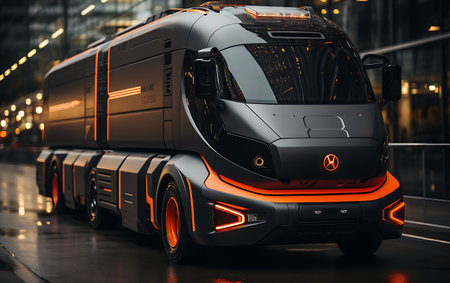 Neon Truck transportation industry road concept at sunrise.の素材