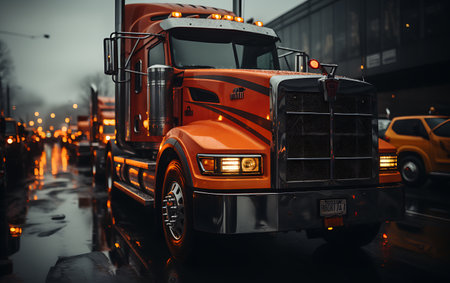 Neon Truck transportation industry road concept at sunrise.の素材