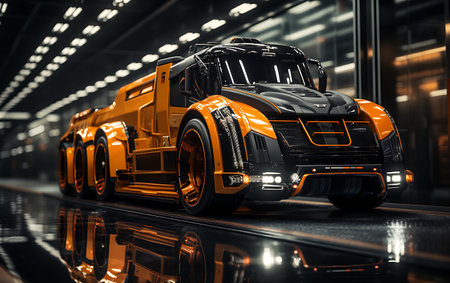 Neon Truck transportation industry road concept at sunrise.の素材