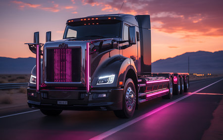 Truck on the road at sunset. 3D rendered illustration.の素材