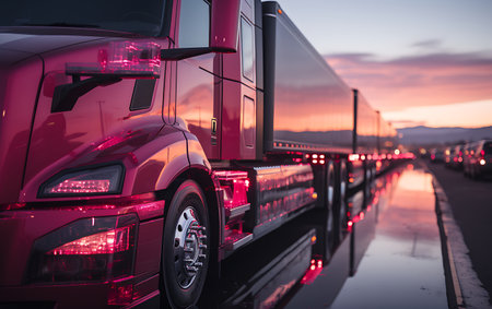 Neon Truck transportation industry road concept at sunrise.の素材