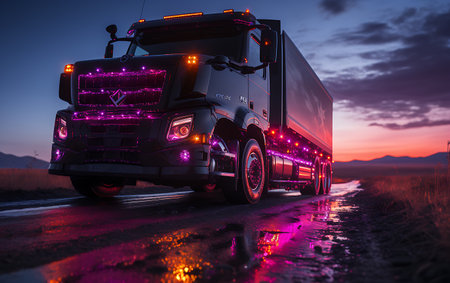 Neon Truck transportation industry road concept at sunrise.の素材