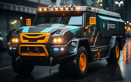 truck on the road in foggy night.の素材