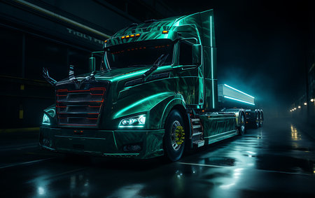 truck on the road in foggy night.の素材