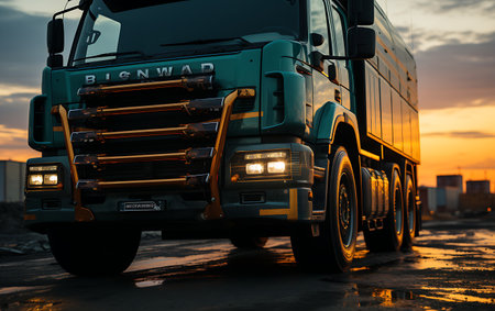 truck on the road in foggy night.の素材