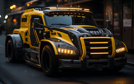 truck on the road in foggy night.の素材