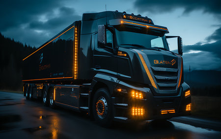 truck on the road in foggy night.の素材