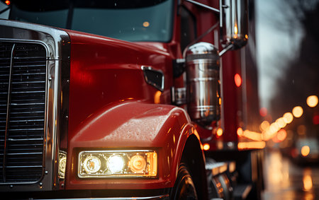 Red fire truck with headlights and headlights in the city at night.の素材