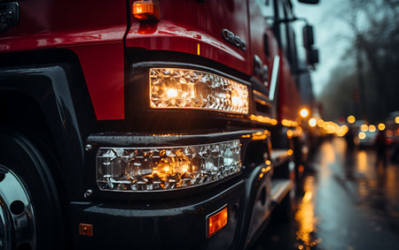 truck on the road in foggy night.の素材