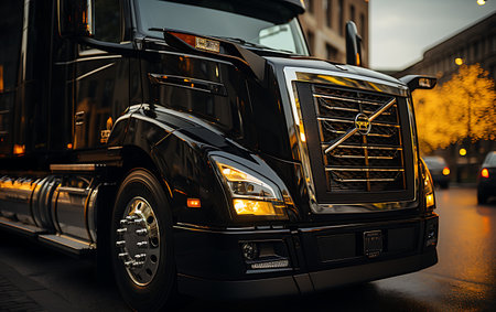 Truck on the road at sunset. Freight transportation and logistics concept.の素材