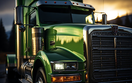 truck on the road in foggy night.の素材