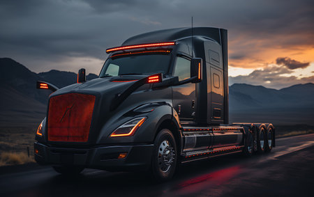 Truck on the road at sunset. Freight transportation and logistics concept.の素材