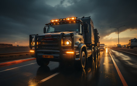 Truck on the road at sunset. Freight transportation and logistics concept.の素材