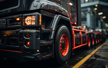 Truck on the road at sunset. Freight transportation and logistics concept.の素材