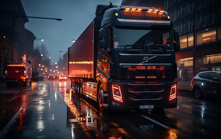 Truck on the road at sunset. Freight transportation and logistics concept.の素材