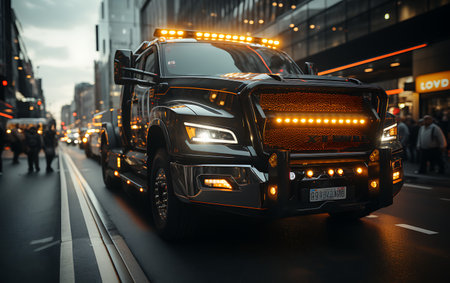 Truck on the road at sunset. Freight transportation and logistics concept.の素材