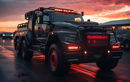 Truck on the road at sunset. Freight transportation and logistics concept.の素材