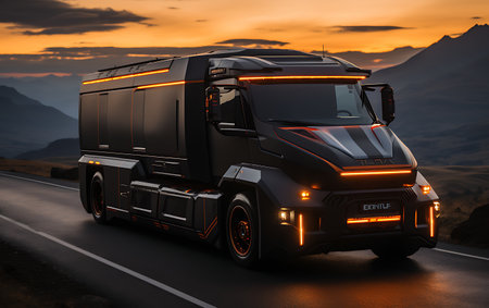 Truck on the road at sunset. Freight transportation and logistics concept.の素材